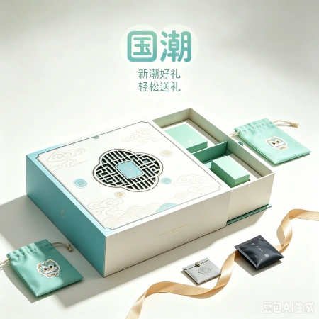 The light green national trend gift box set includes a cloud pattern main gift box, a drawstring small bag, cartoon dragon stickers, a golden ribbon, black and gray packaging, and a multi-functional planner gift set. 03 Gift set, gift box, gift set planner The light green national trend gift box set includes a cloud pattern main gift box, a drawstring small bag, cartoon dragon stickers, a golden ribbon, black and gray packaging, and a multi-functional planner gift set. 03 Gift set, gift box, gift set planner